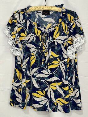 Amana Blue Yellow White Leaf Print Blouse Lace Trim Short Sleeve Tie Front 3X